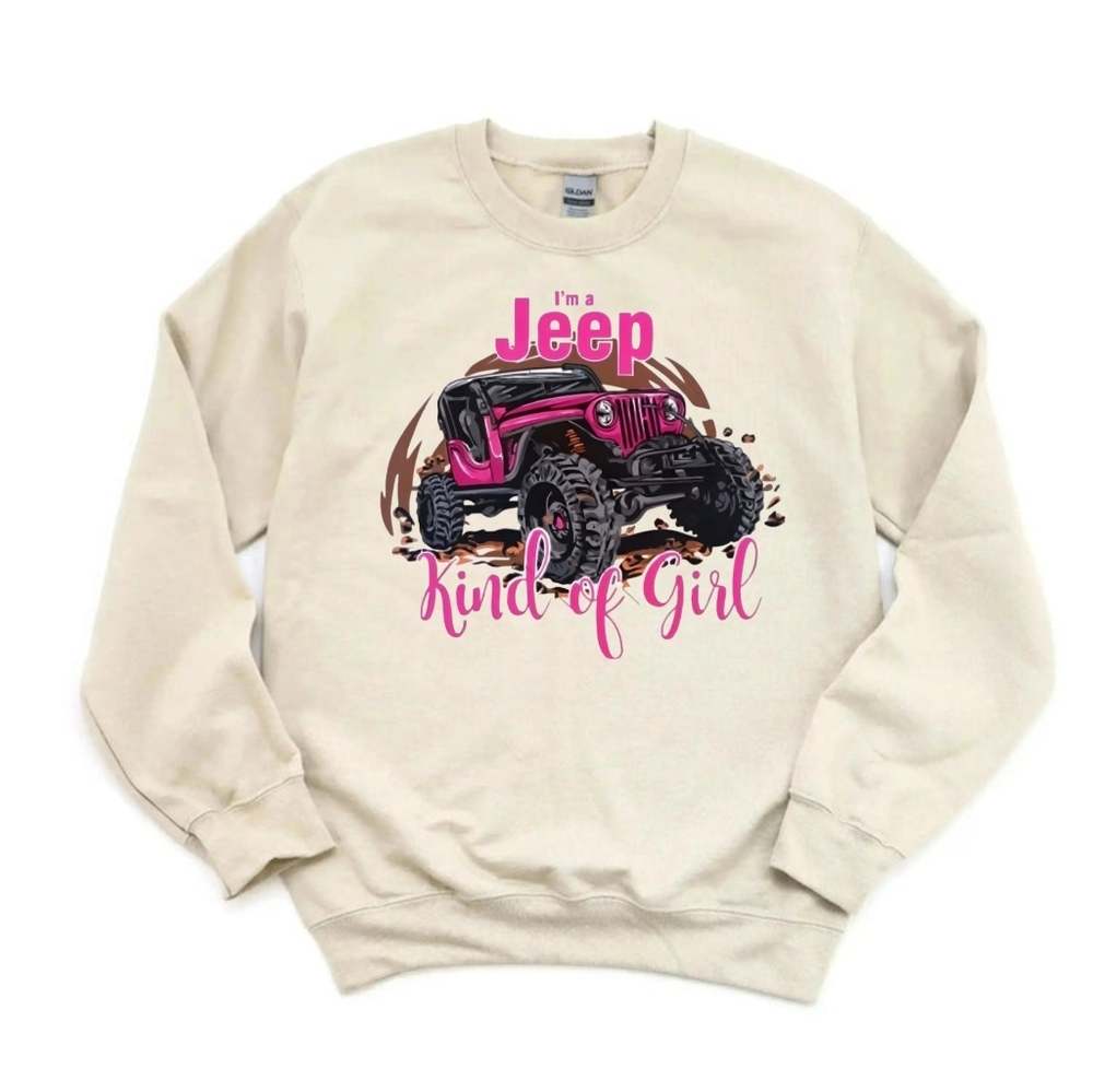 Gildan Cream Sweatshirt with Pink Jeep Design